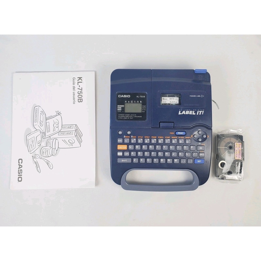 Label Printer Casio KL-750B Thermal EZ w/ Extra 9mm Orange Tape Refill - WORKING